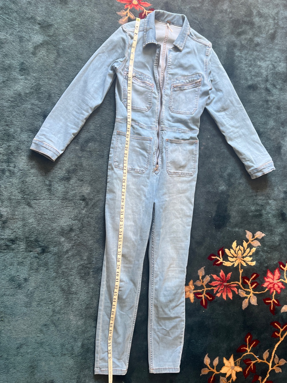 Free People Light Blue Stretch Denim Jumpsuit Size M. Slim fit with Zipper